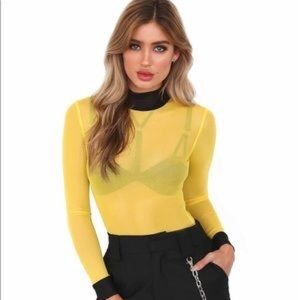 I AM GIA yellow & black color block mesh bodysuit